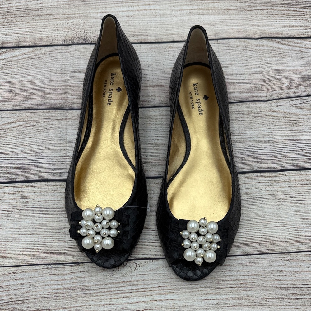 Kate Spade Black Ballet Flats with Pearl Embellishment